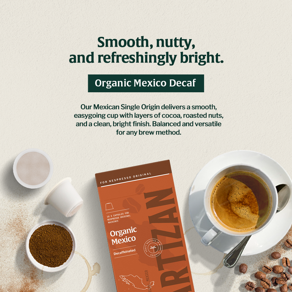 Organic Mexico Decaf Coffee – Swiss Water processed with smooth cocoa, nutty flavors, and bright clean finish.