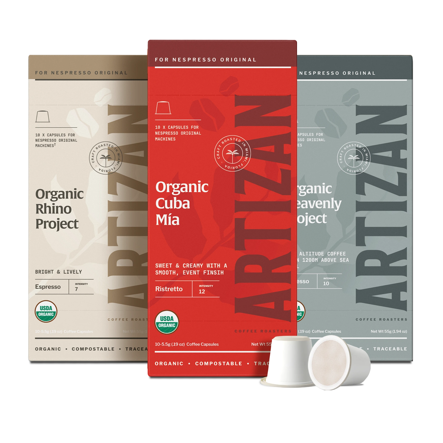 Artizan Organic Nespresso Original Coffee Pods including Organic Rhino Project, Organic Cuba Mia, and Organic Heavenly Project, with compostable packaging and pods displayed in front.