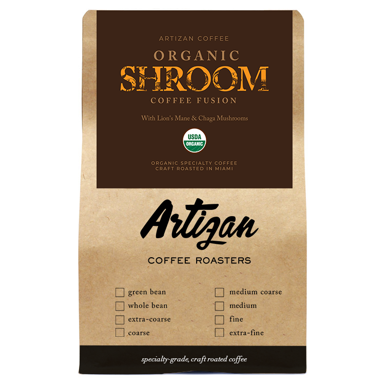Image of Organic Shroom Coffee Fusion with Lion's Mane & Chaga Mushroom Whole Bean and Ground Coffee Bag. 