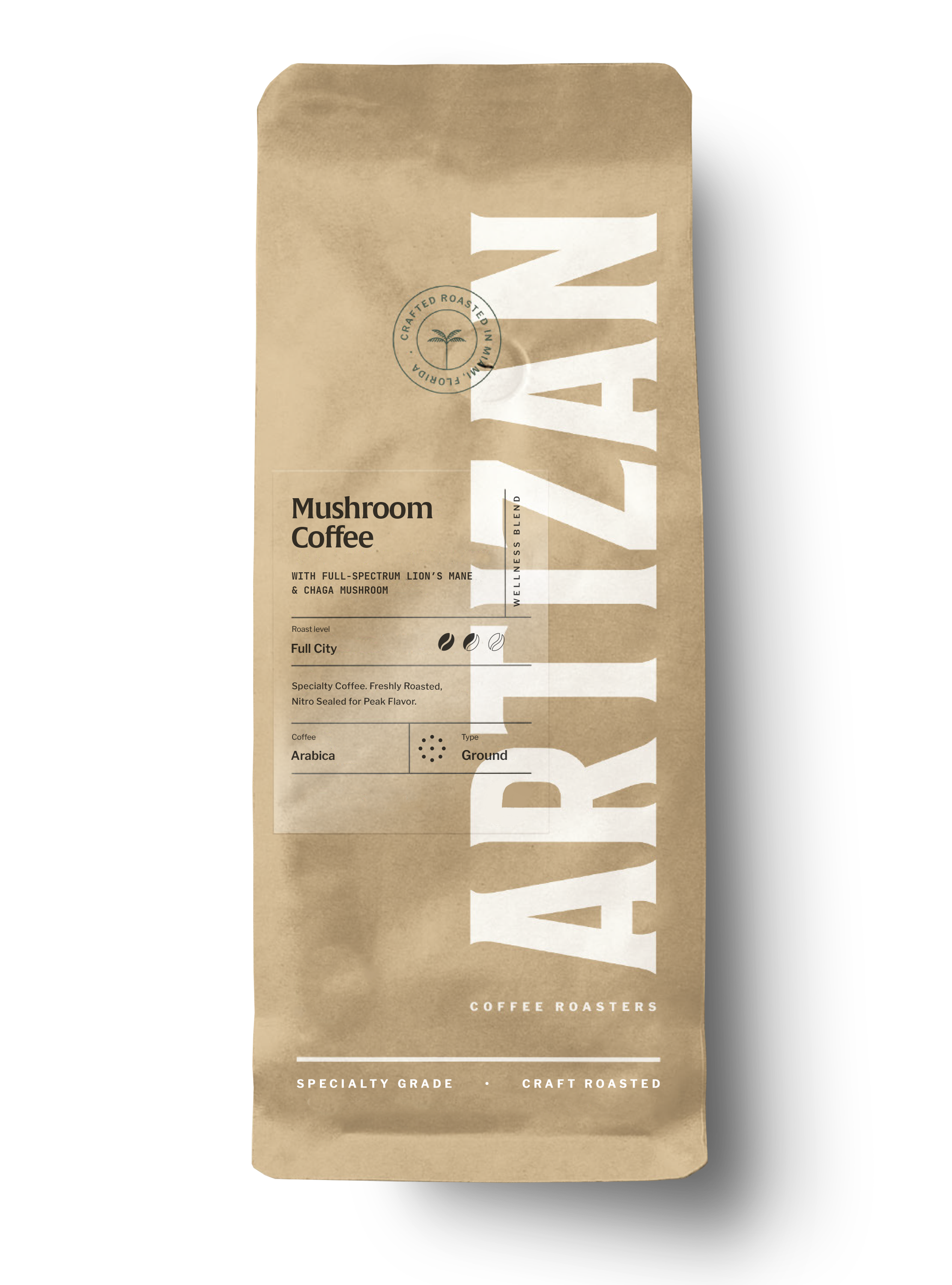 Front Image of the Mushroom Lion's Mane and Chaga packaging.