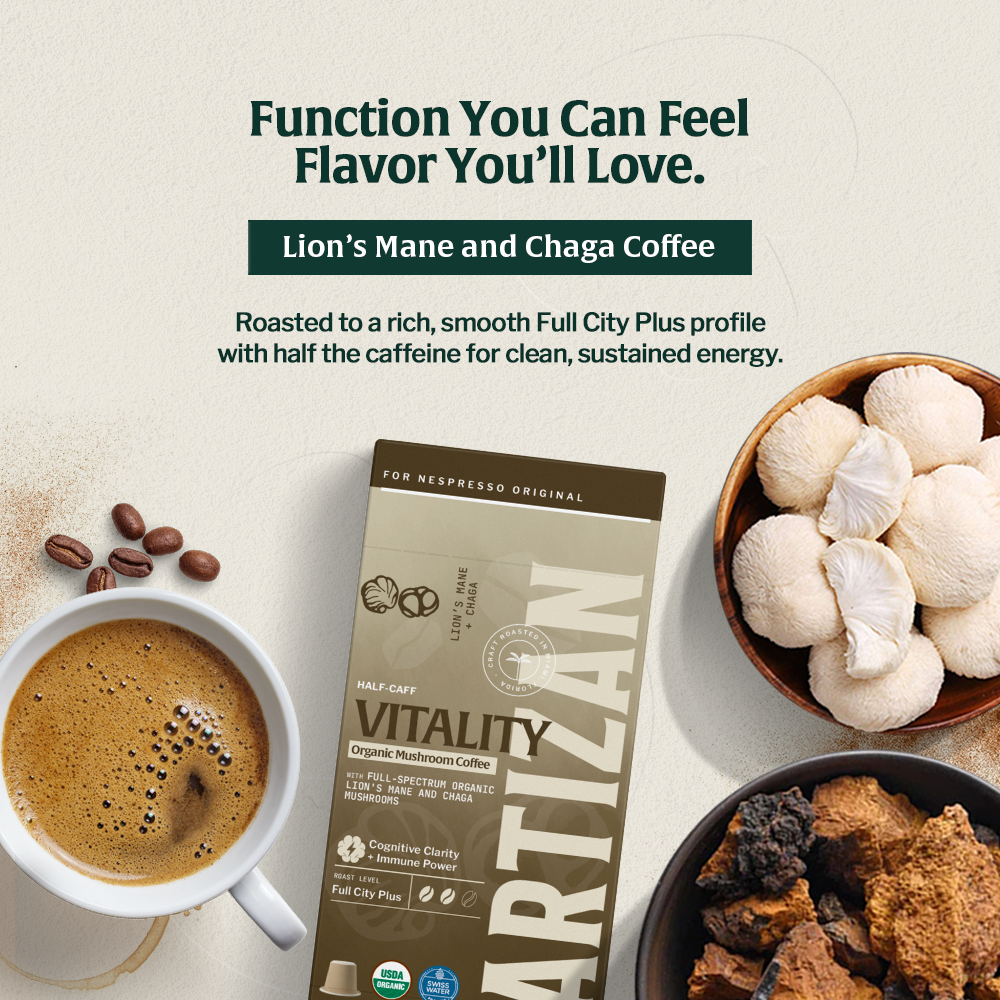 Artizan Organic Lion’s Mane and Chaga Coffee – smooth vitality mushroom blend with half caffeine.