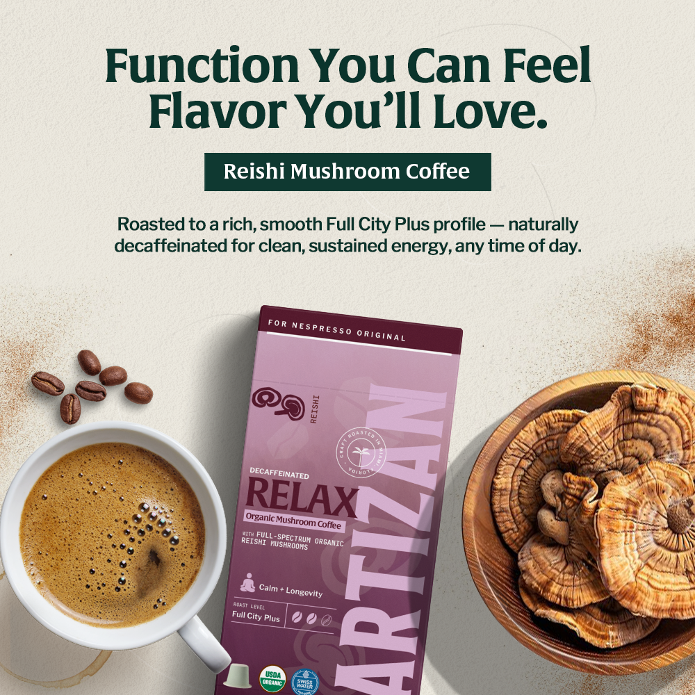 A package of Reishi Mushroom Coffee alongside a cup of coffee and mushroom slices, highlighting its rich flavor and health benefits.