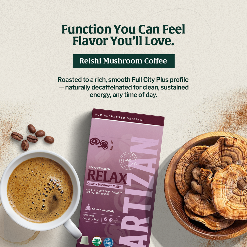 Artizan Organic Reishi Mushroom Coffee – rich Full City Plus roast, naturally decaf with functional mushrooms for relaxation and balance.