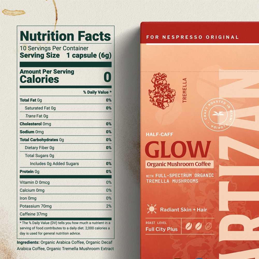 Nutrition facts label and packaging for Artisan Glow Organic Mushroom Coffee
