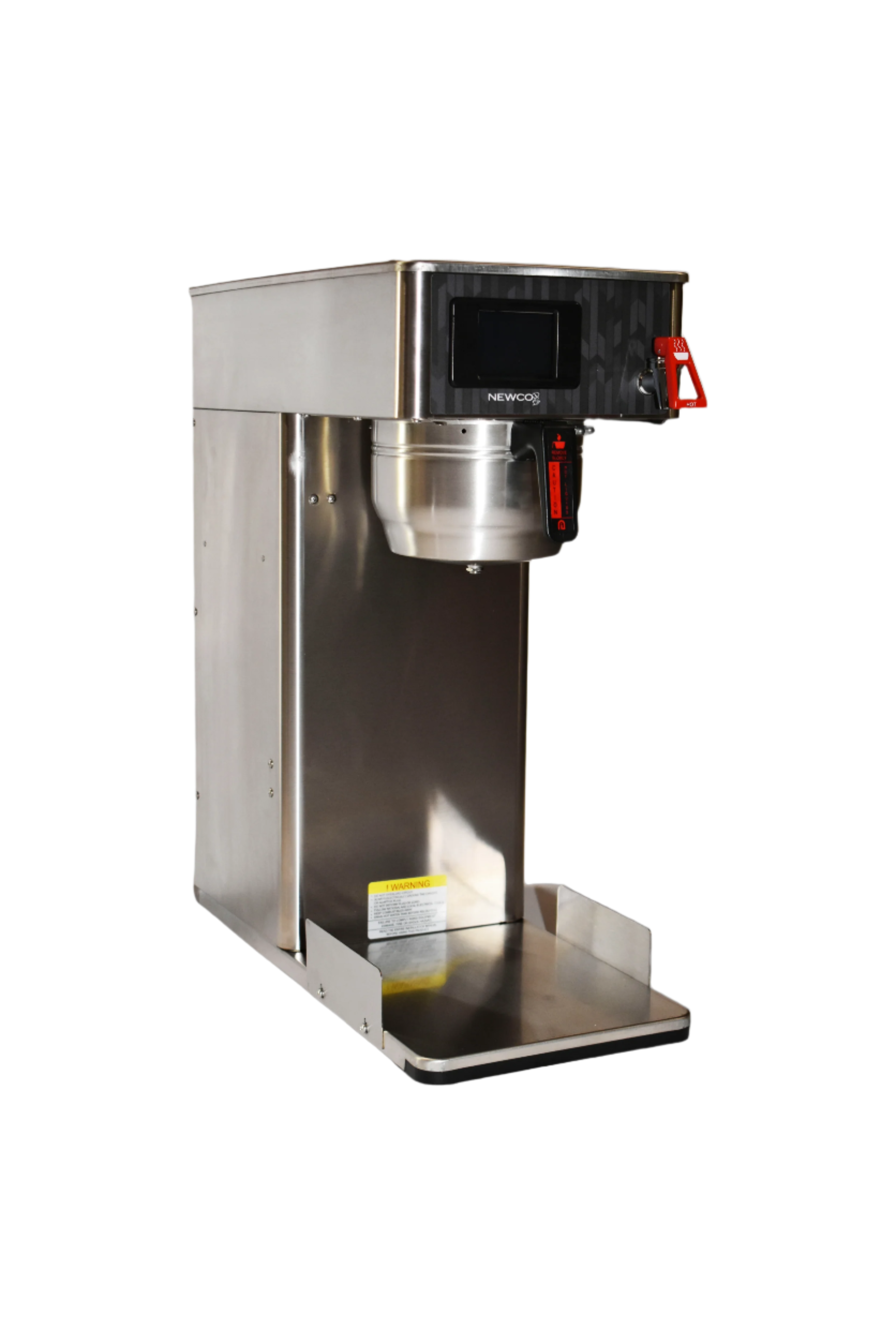 Side profile of Newco Profiler Batch Brewer Stainless Steel showing brew head, spray-head arm, side panel detailing, and the footprint of the thermal carafe stand beneath the dispensing assembly.