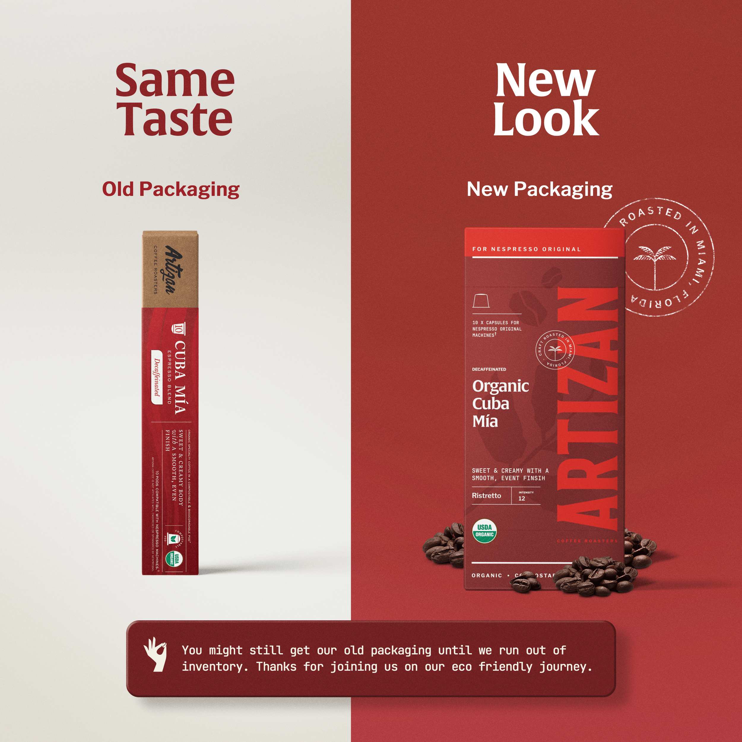 An image of old packaging and new packaging of Cuba Mia Decaf.