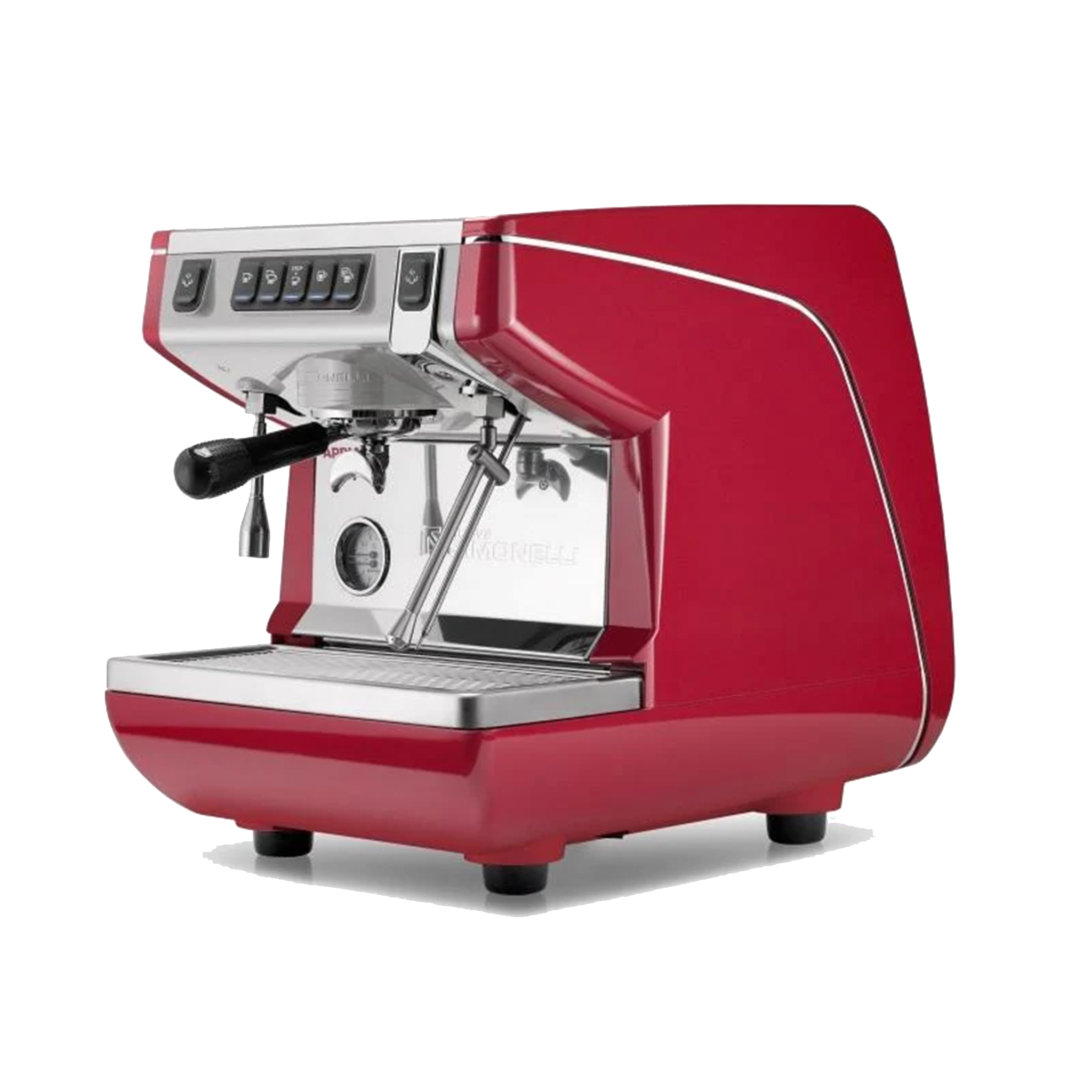 Red commercial espresso machine with stainless steel front panel, steam wand, portafilter, and control buttons, designed for café and professional coffee brewing.