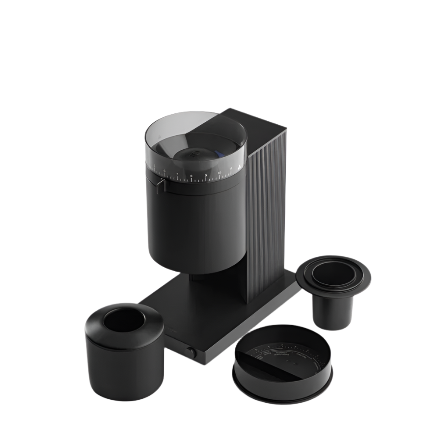 An image of black variant Opus Conical Burr Grinder with its accessories