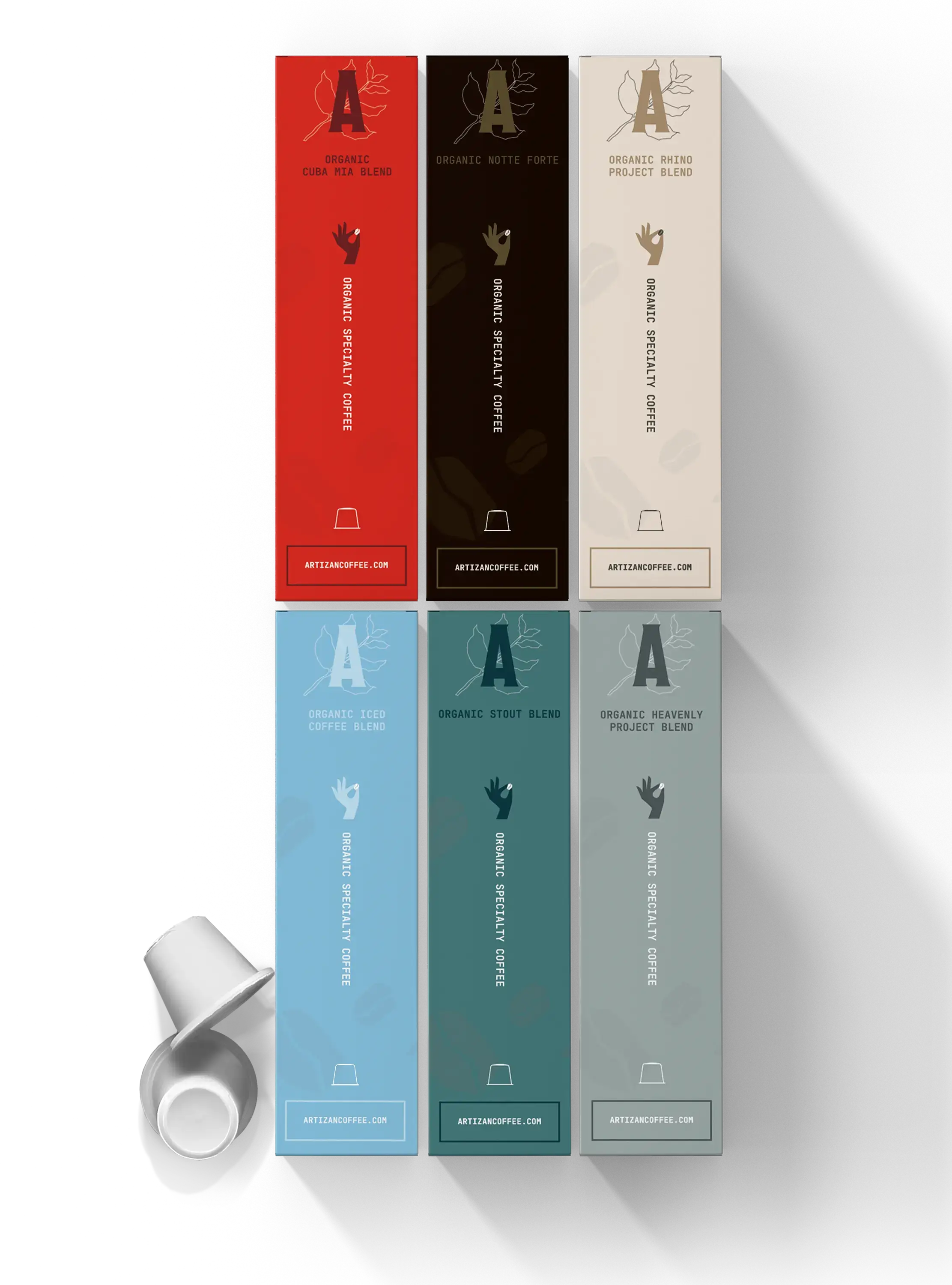 Top side view of packaging - Cuba Mia, Notte Forte, Rhino Project, Iced Coffee, Heavenly Project Regular, Heavenly Project Decaf