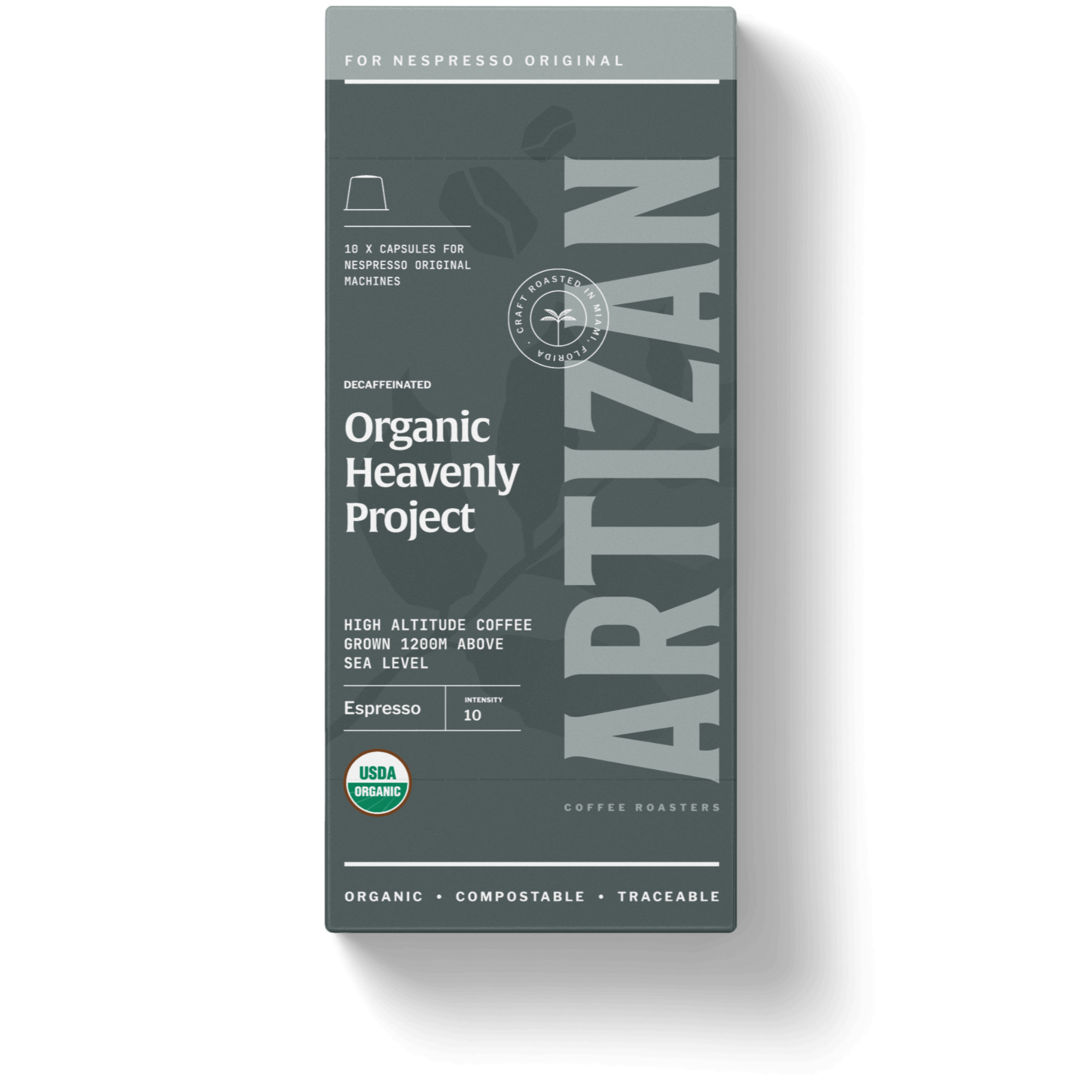 Front Image of Packaging of Organic Heavenly Project Decaf Home Compostable Pods for Nespresso Original Machines.