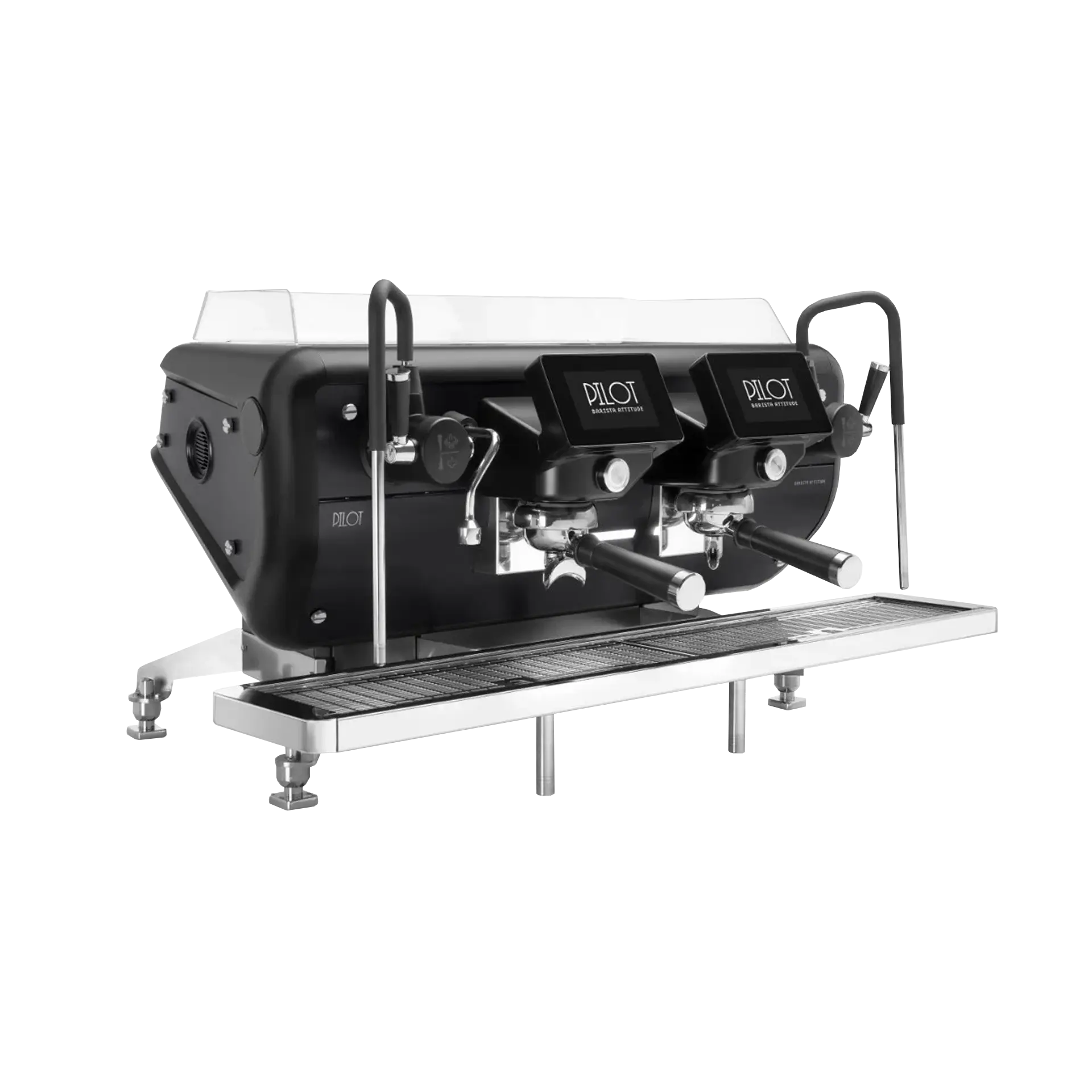 Professional two-group commercial espresso machine with dual touchscreens, steam wand, and stainless steel drip tray