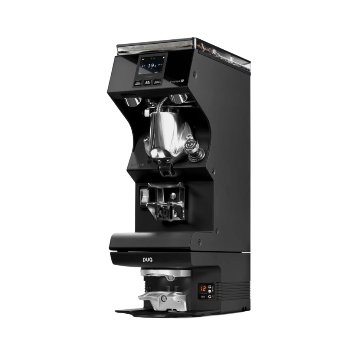 Puqpress M6 espresso tamper designed for Mythos MY75 and MY85 grinders, black model