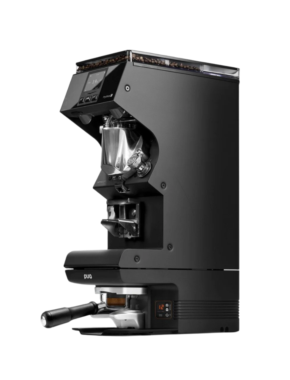 Puqpress M6 black model paired with Mythos espresso grinder for seamless tamping