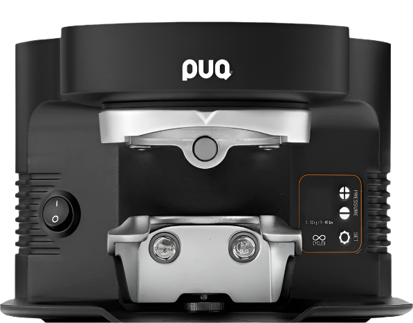Puqpress M3 Gen 5 Automatic Coffee Tamper black front view, compatible with Mahlkönig E65S and E65S GBW grinders