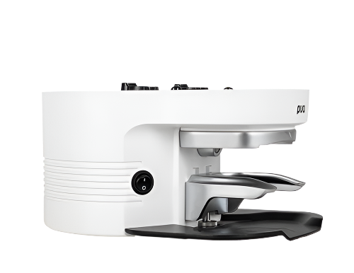 Puqpress M5 white model front-left angle, ergonomic design for Mahlkönig E80 grinders