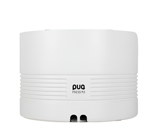 Back view of Puqpress M5 white automatic coffee tamper with portafilter holder