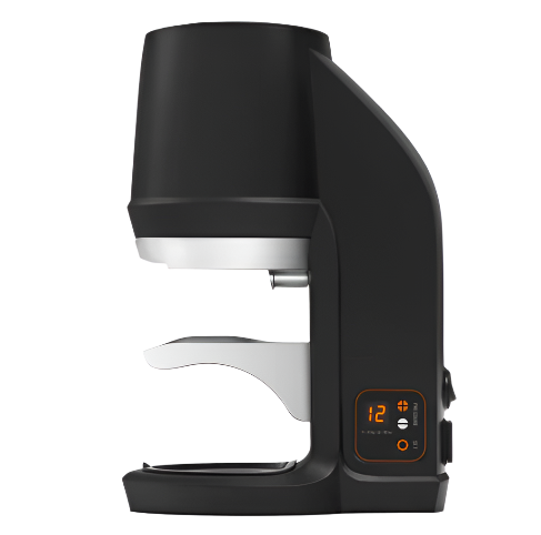 Puqpress Q1 Automatic Coffee Tamper in black, side view with digital control panel