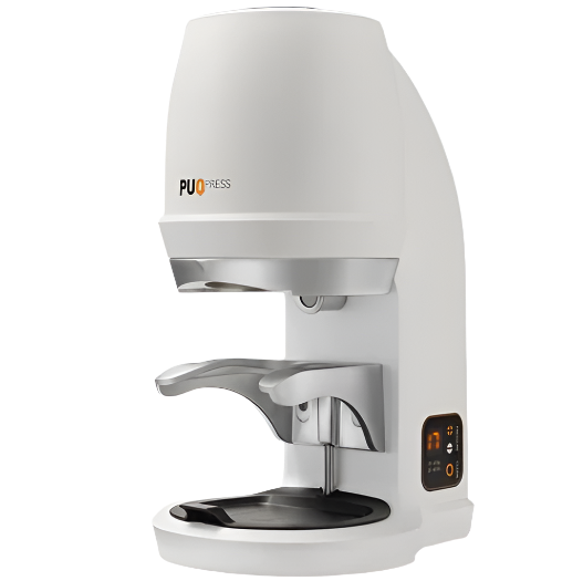 Puqpress Q2 Automatic Coffee Tamper in white, angled side view with tamping slot visible.
