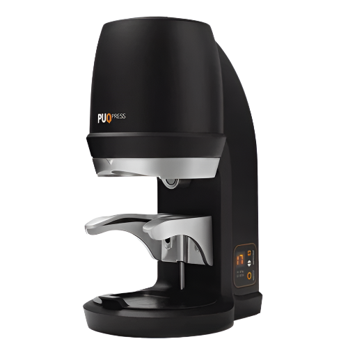 Puqpress Q2 Gen 5 Automatic Coffee Tamper in black, compact front view design for professional espresso tamping.