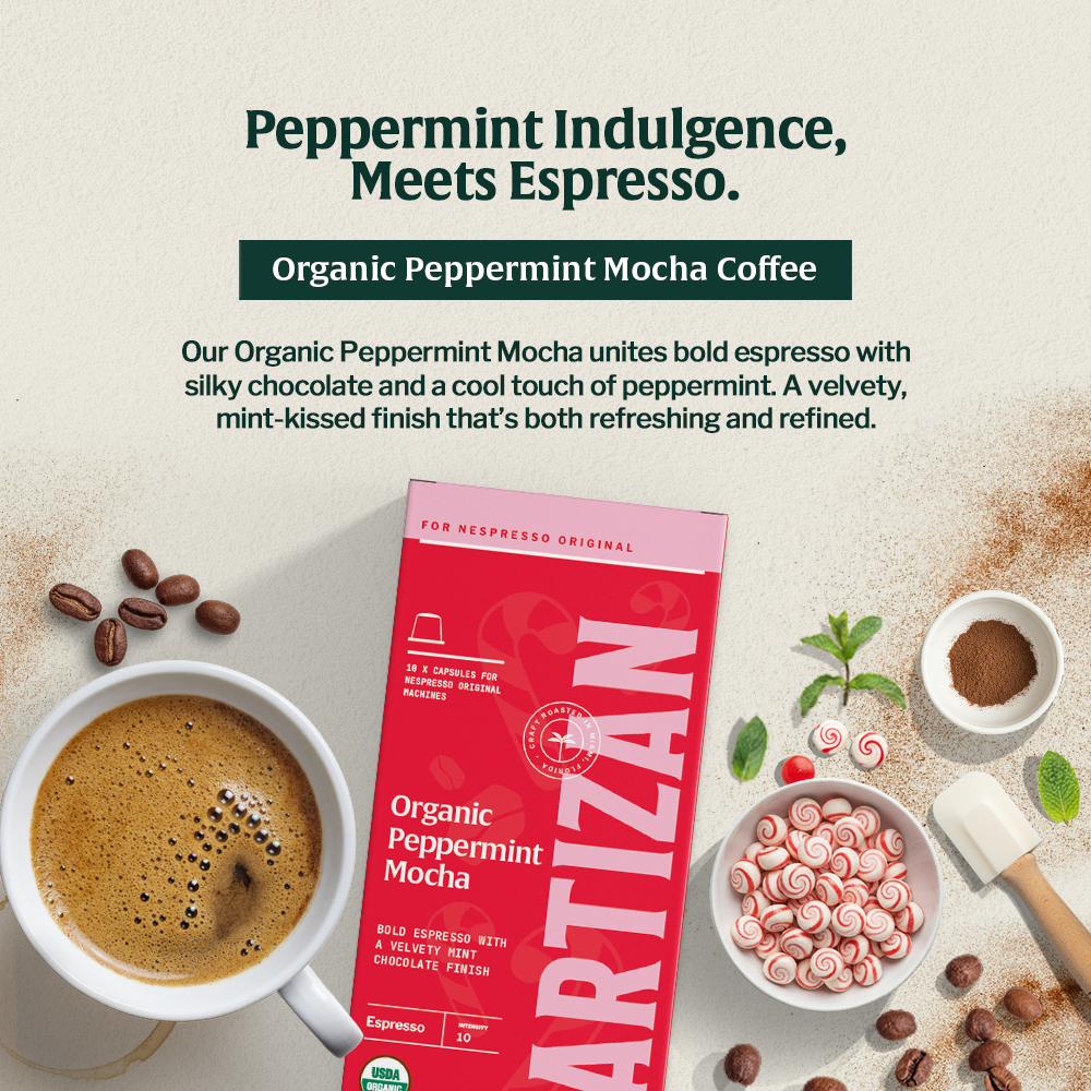 Organic Peppermint Mocha espresso by Artizan Coffee featuring bold espresso, chocolate, and cool peppermint flavor, shown with product packaging, brewed espresso, peppermint candies, cocoa powder, and coffee beans
