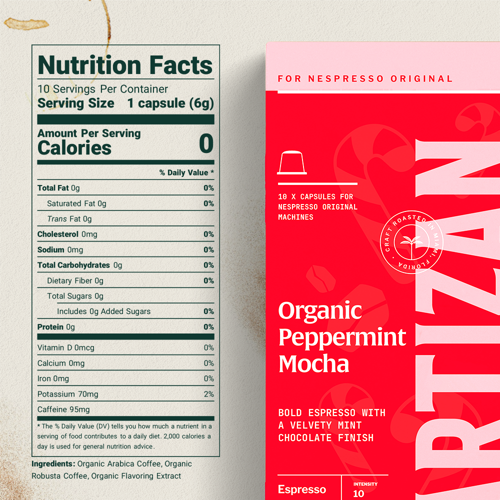 Organic Peppermint Mocha espresso coffee pods by Artizan Coffee with product packaging and Nutrition Facts label.