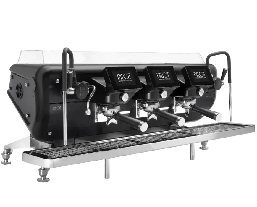 Pilot Espresso machine in Black with 'Pilot' branding  on a white background