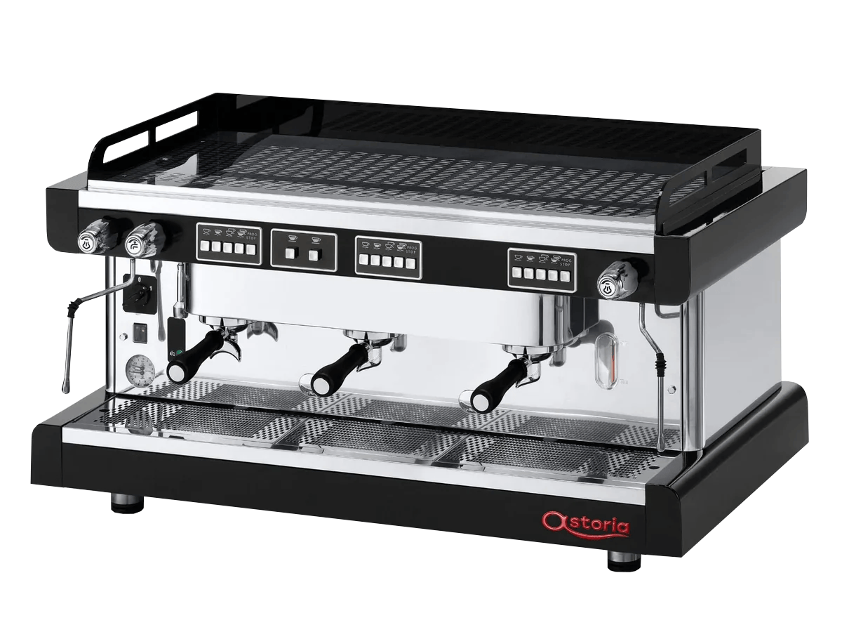 Professional three-group commercial espresso machine with stainless steel construction, portafilters, and cup warming tray