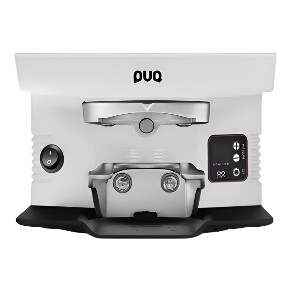 Puqpress M6 Automatic Tamper in white finish, front angle with portafilter holder
