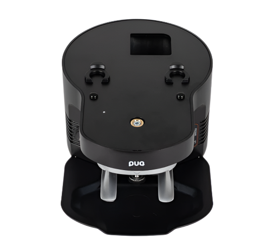 Top-front view of Puqpress M4 black automatic espresso tamper for Fiorenzato grinders