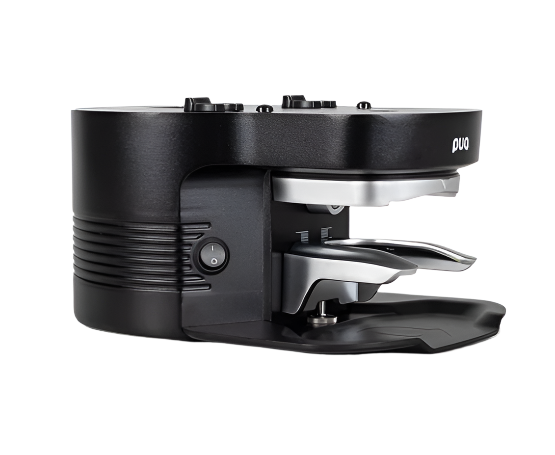 Puqpress M4 black model front-left view showing compact tamper design