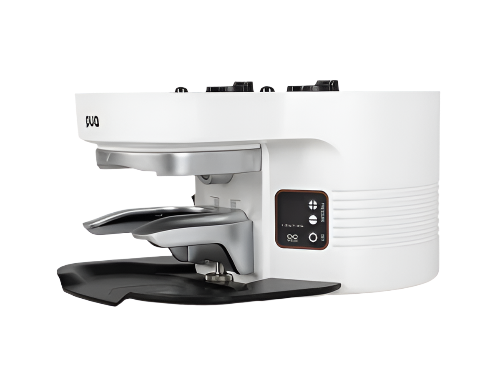 Puqpress M4 white model angled front-right view with portafilter holder slot