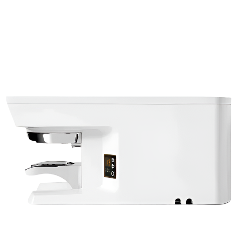 Side view of Puqpress M2 white automatic tamper showing slim design and portafilter holder