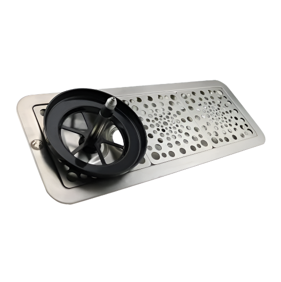 A top view of Rhino Pitcher Rinser 600mm with Blender Attachment – stainless steel countertop rinser with dual spray nozzles and drain tray