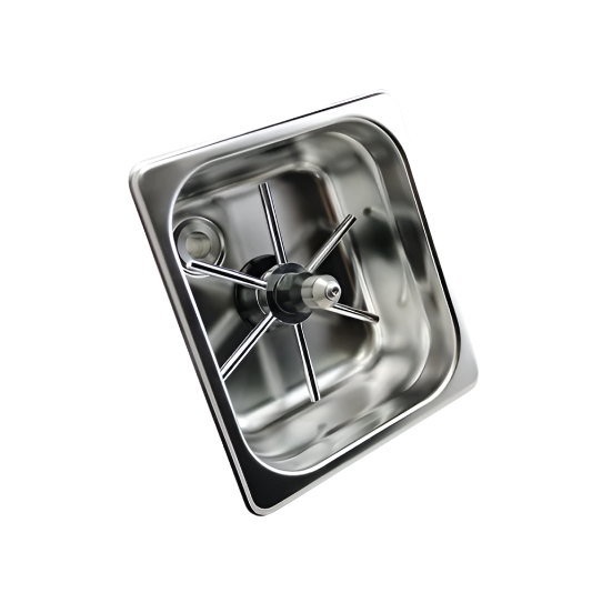 Full Unit Overhead View of Rhino Pitcher Rinser Square 150 mm Spinjet – compact stainless steel barista rinser with integrated drip tray for espresso jug cleaning