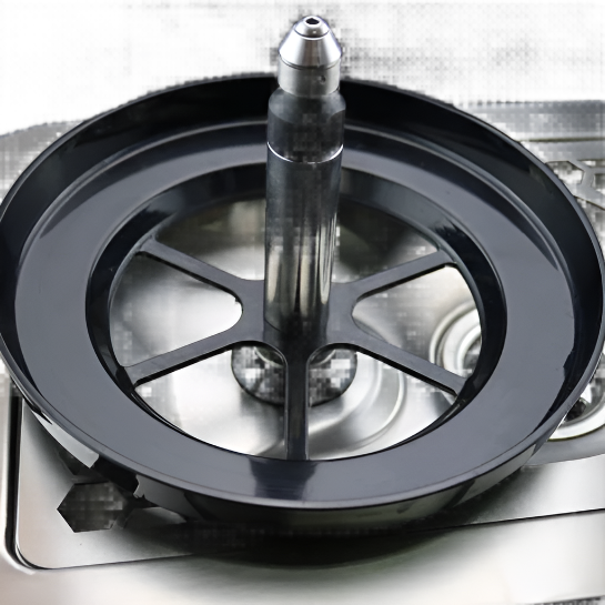 A close up of Spinjet Spray Mechanism of Rhino Coffee Gear Spinjet rinser valve – high-pressure spray nozzle for pitchers and blender cups in espresso bar setup