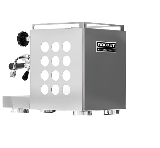 Angled left rear image of the white side panel variant of Rocket Appartamento Espresso Machine