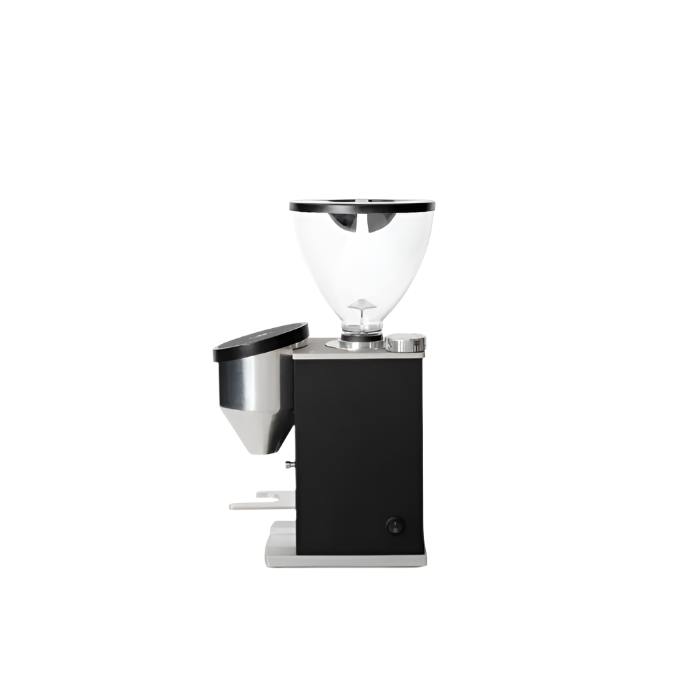 Full left side image of black variant Rocket Espresso Faustino Espresso Grinder