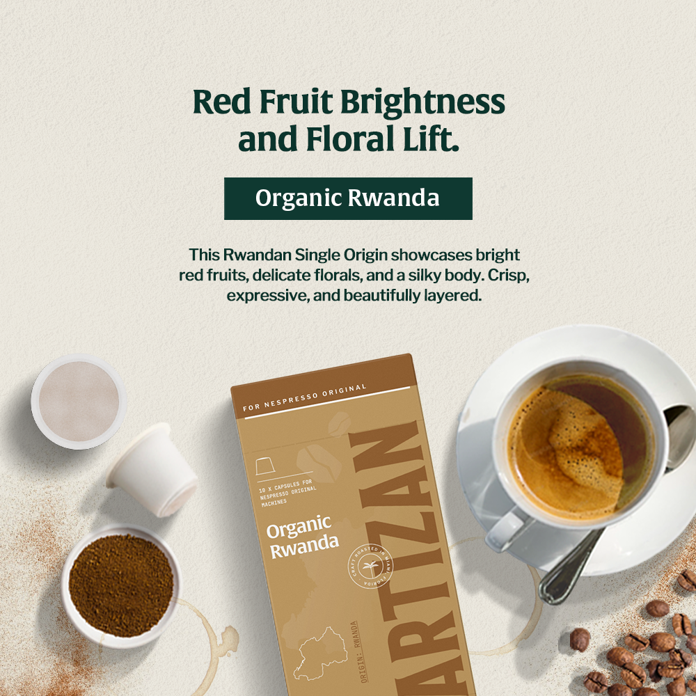 Organic Rwanda Coffee – Single Origin with red fruit and floral notes, silky and expressive flavor.