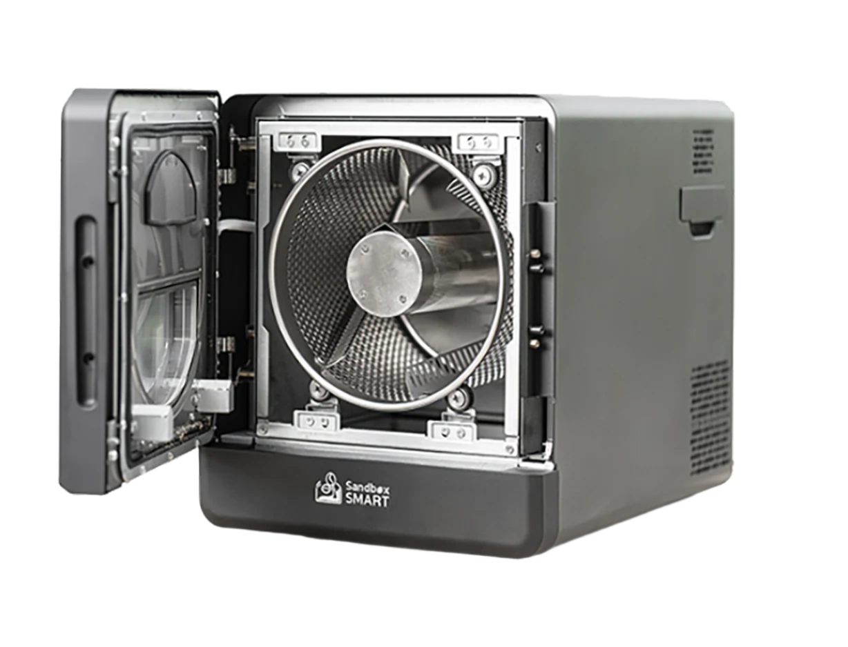 Sandbox Smart R2 accessory – detachable component showcasing bean loading or cooling system for compact roaster bundle
