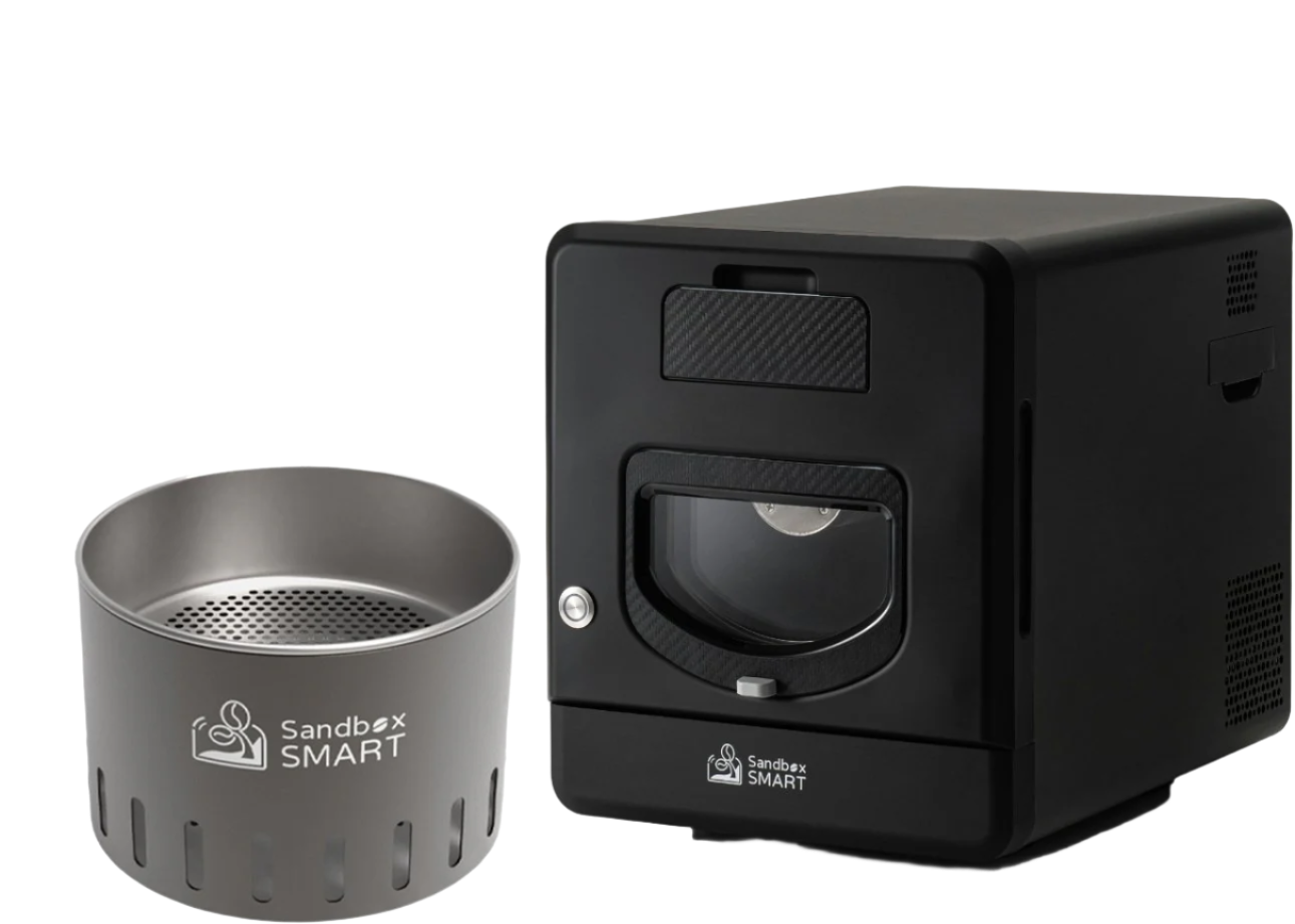 Sandbox Smart R2 electric drum coffee roaster front view — compact, direct-fire roasting with digital controls and large viewing window.