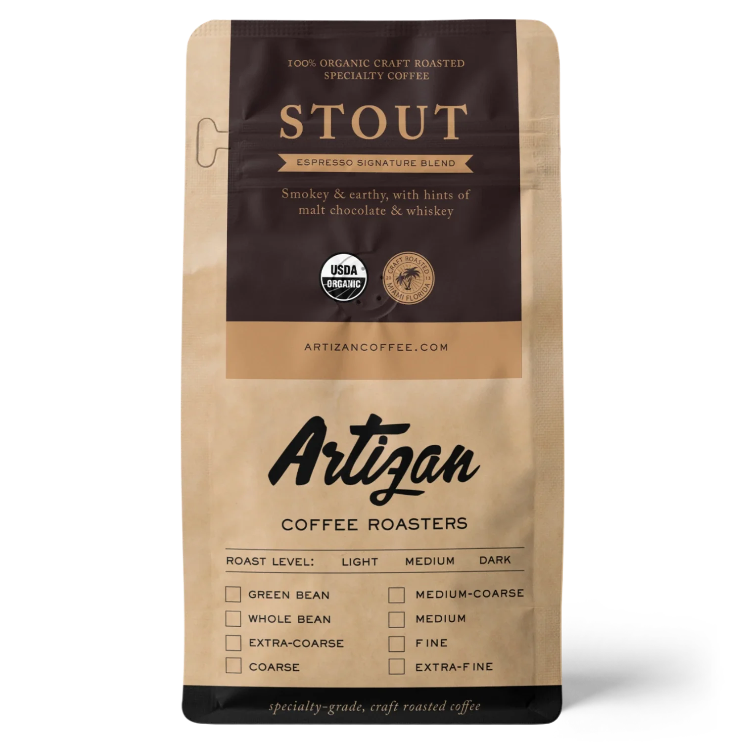 Package of Artizan Coffee Roasters' Stout espresso blend with a description of flavor notes.