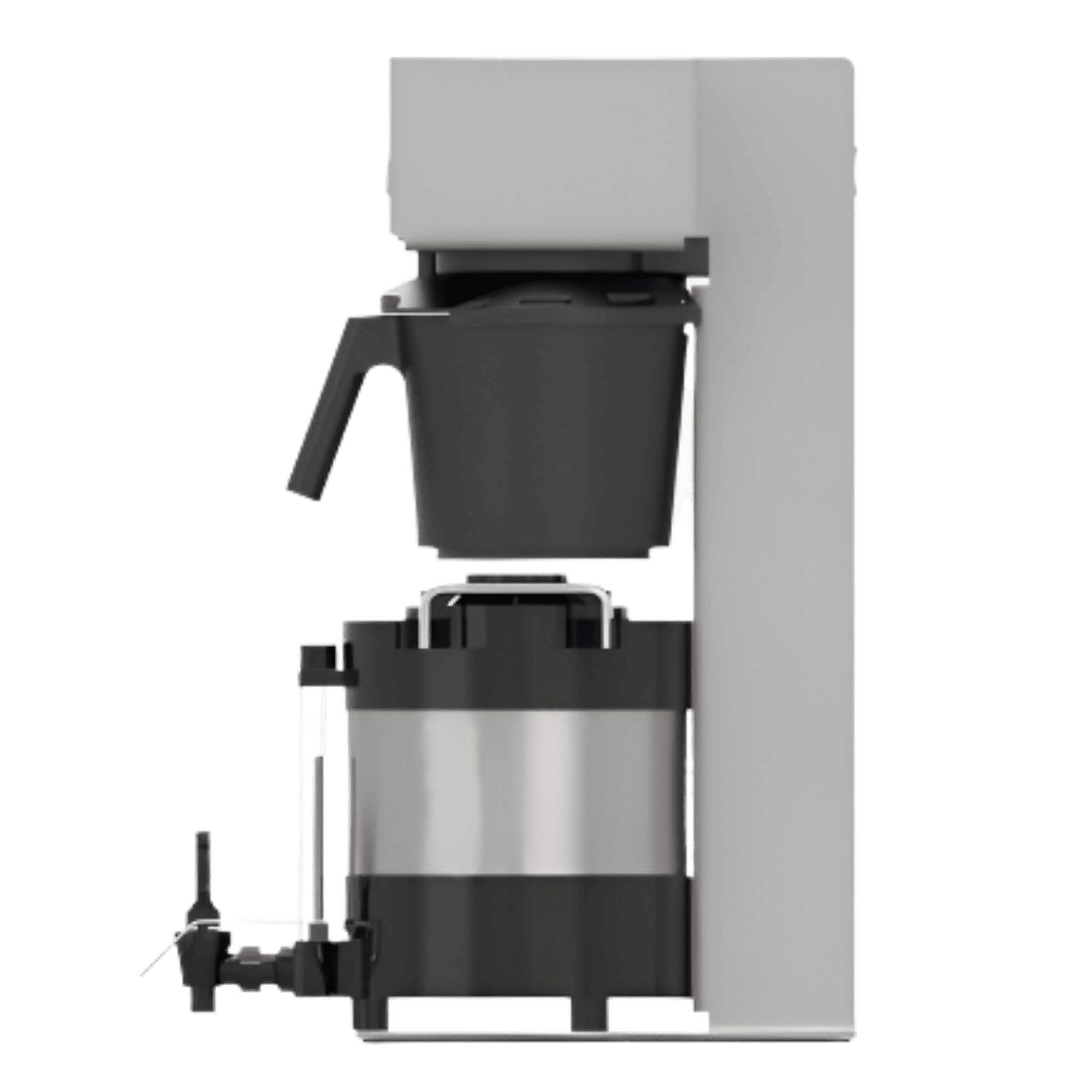 Left side profile of TONE Touch 04 smart brewer with visible brew basket carrier arm, spray-head assembly, slim stainless steel frame, and compact footprint for commercial countertop use