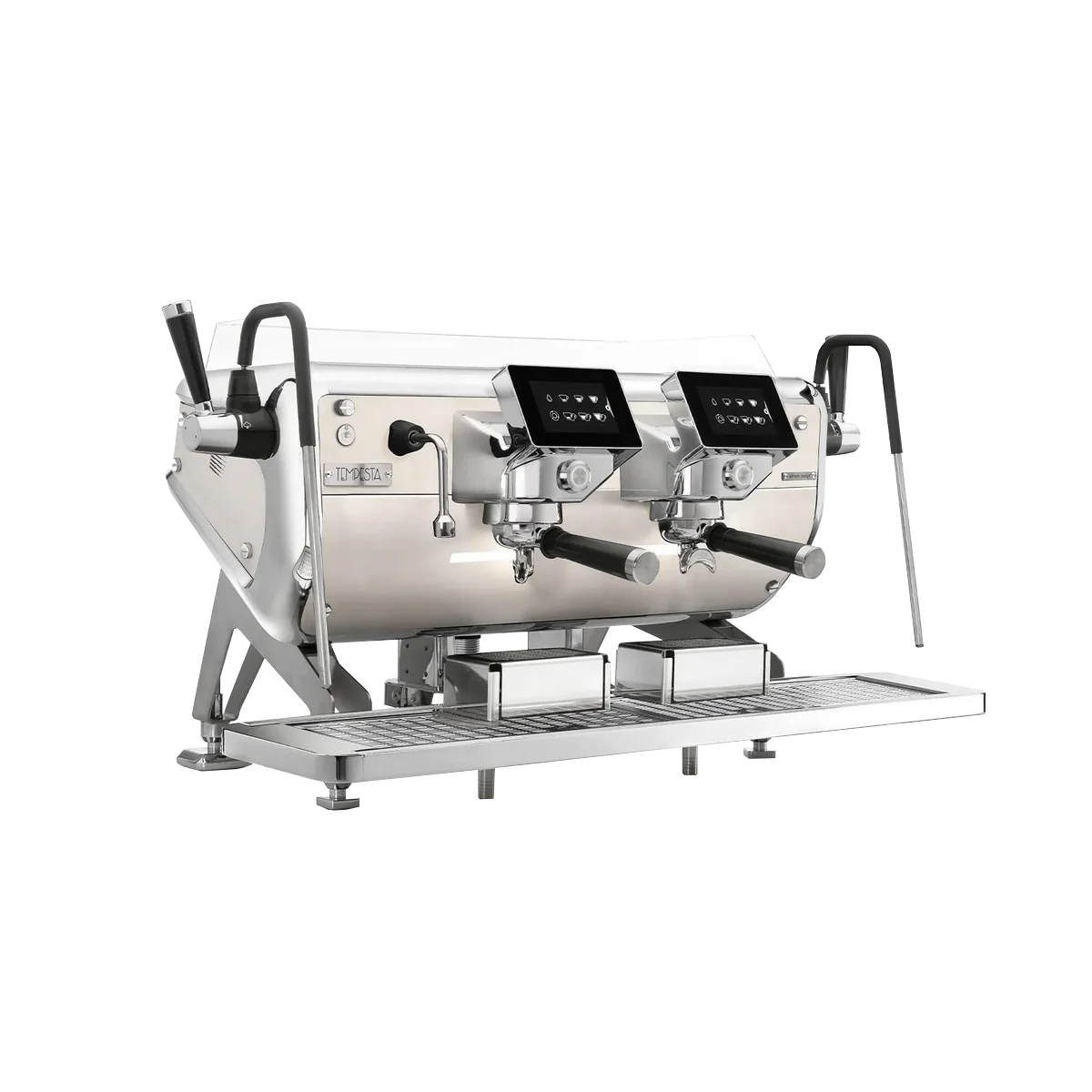 Professional two-group commercial espresso machine with dual touch displays, steam wands, and stainless steel drip tray