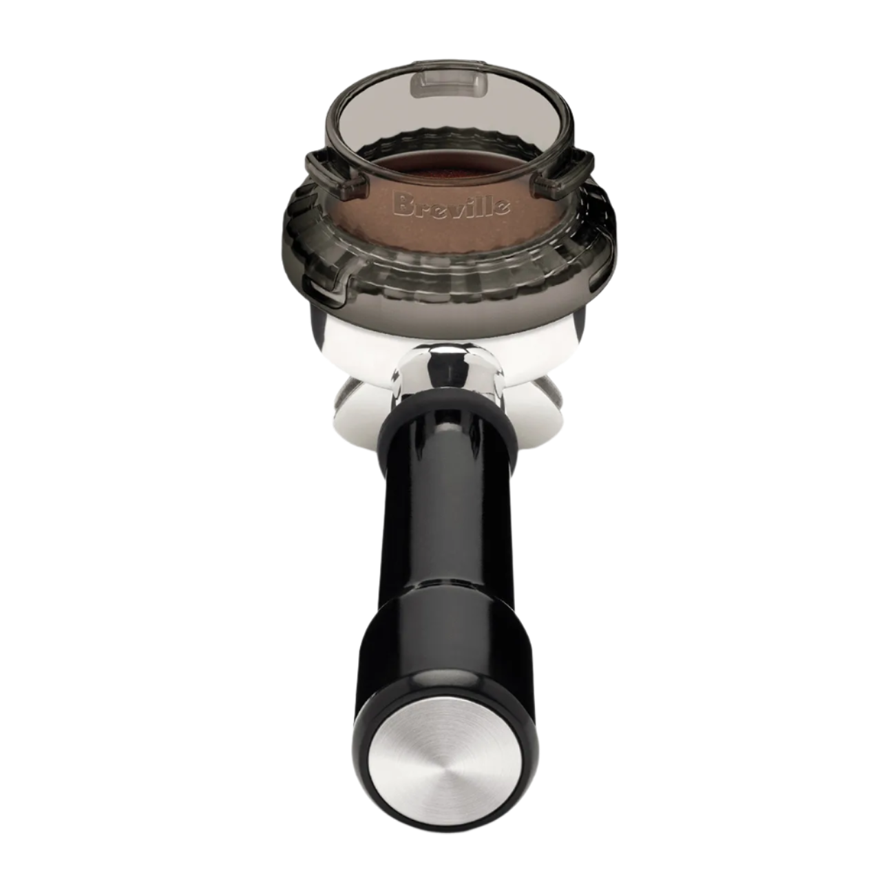 Close-up of the dosing funnel fitted into portafilter, angled view focused on the clean transition from grinder to holder for precise dosing.