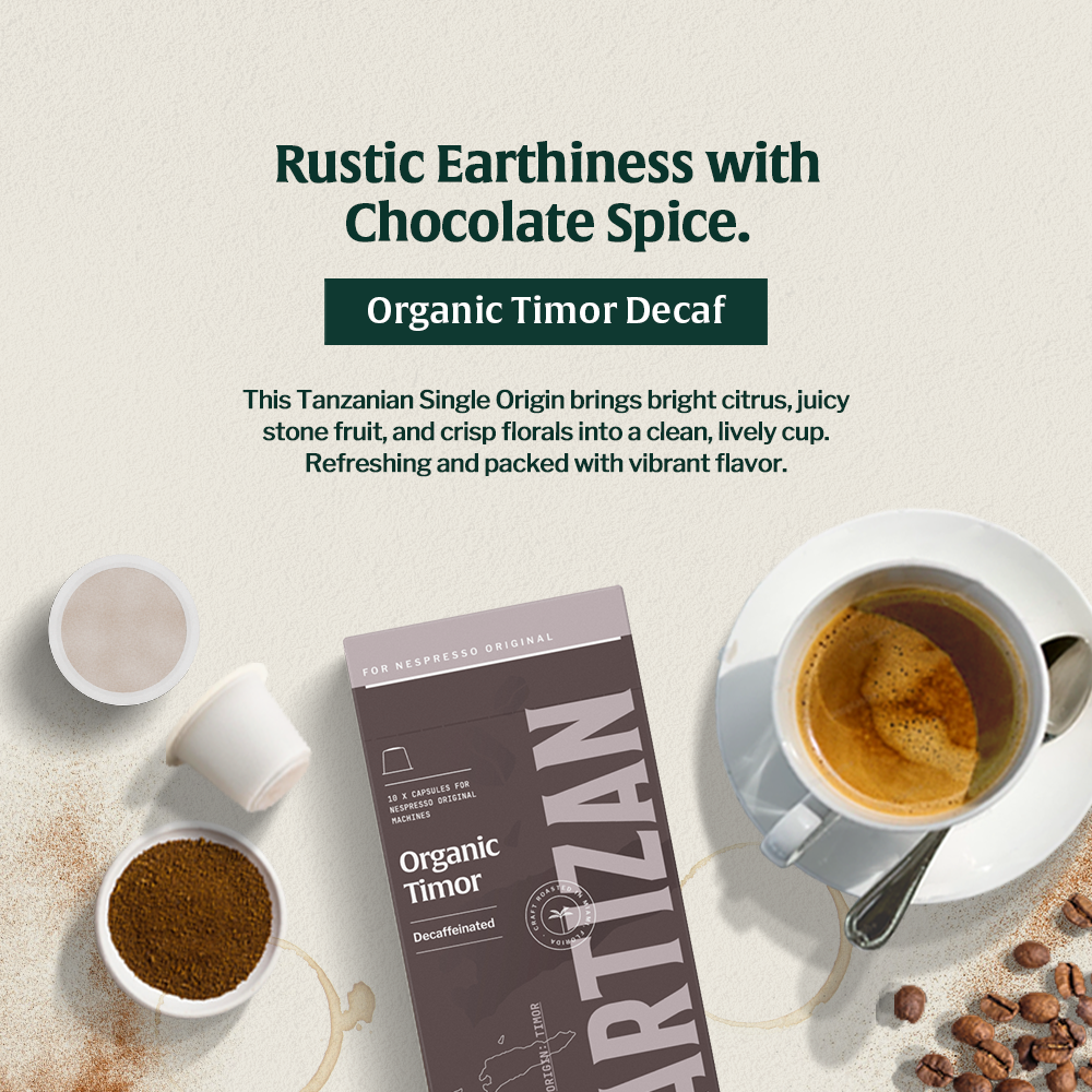 Organic Timor Decaf Coffee – Swiss Water processed with rustic earthiness, chocolate spice, citrus, and stone fruit flavors.