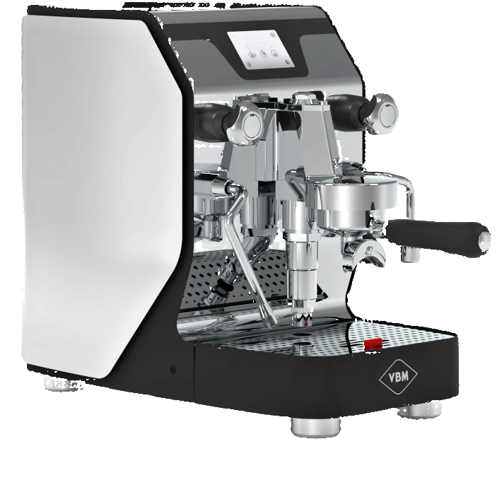 Angled Front right Side image of VBM Domobar Super Digital DB espresso machine in black with sleek stainless steel design