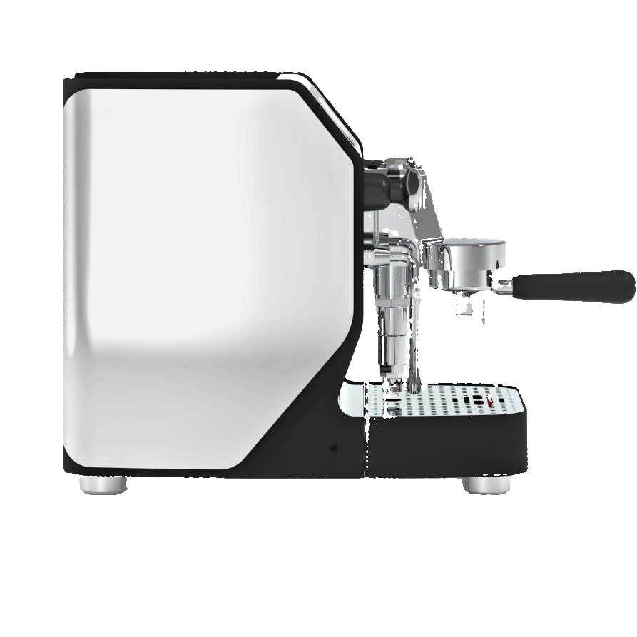 Side view of the VBM Domobar Super Electronic showcasing its sleek design, black-and-white panels, and spacious dual boiler build.