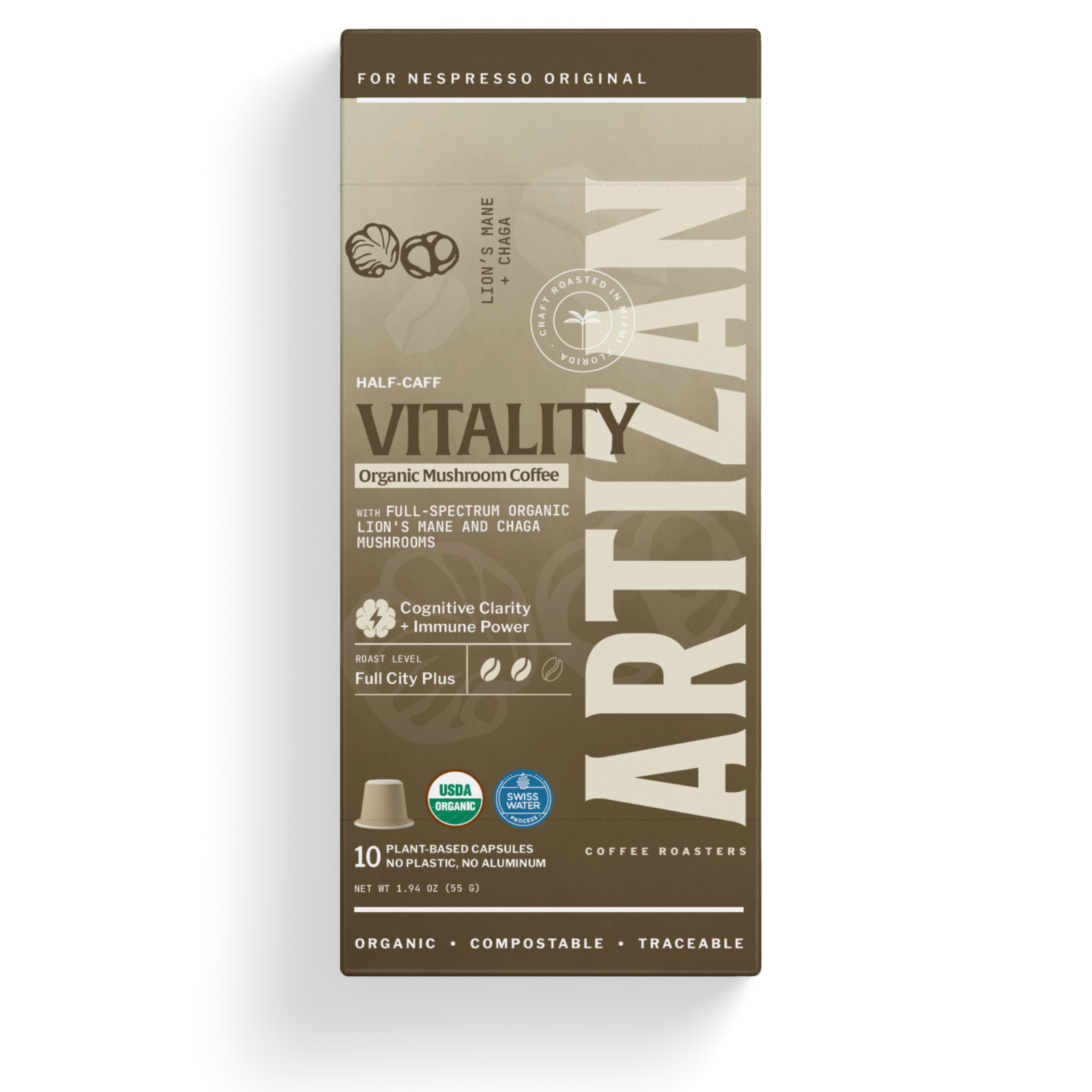 Front Image of Artizan Coffee's Organic Lion's Mane and Chaga Mushroom Coffee Fusion Home Compostable Capsules for Nespresso Original Machines.