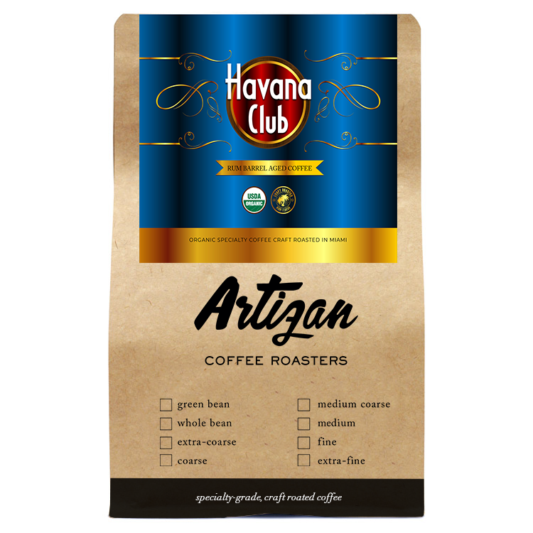 Image of the Packaging of Havana Club Rum Barrel Aged Coffee Whole Bean and Ground from Artizan Coffee Roasters. 