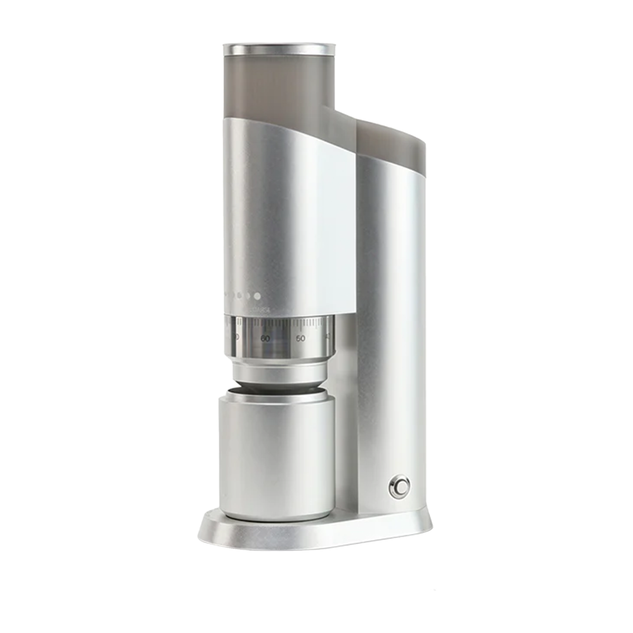 Zero Hero silver electric coffee grinder with minimalist design, adjustable grind size dial, and compact countertop base for home and specialty coffee brewing.